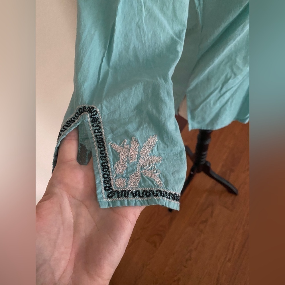 Geoffrey Beene 100% Cotton Embroidered 3/4 Length Sleeve Tunic Style Teal Top - Picture 3 of 5